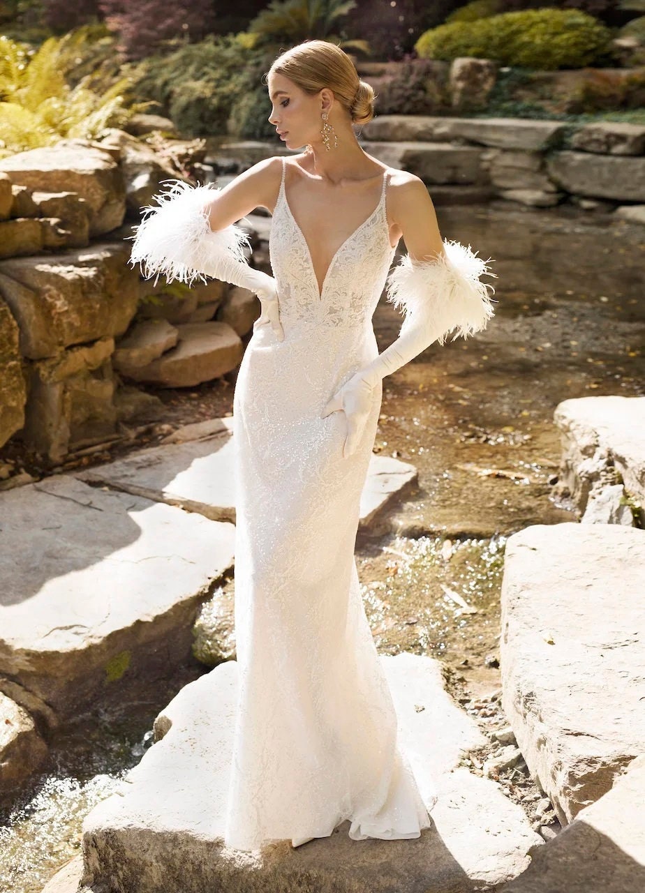 Square Long Split-Front Lace Wedding Dress With Sweep Train And Illusion -  June Bridals